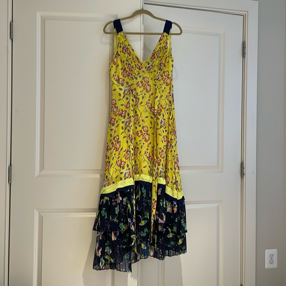 Tanya Taylor Yellow Floral Sleeveless Tie Waist A-line Midi, size 8, worn once.